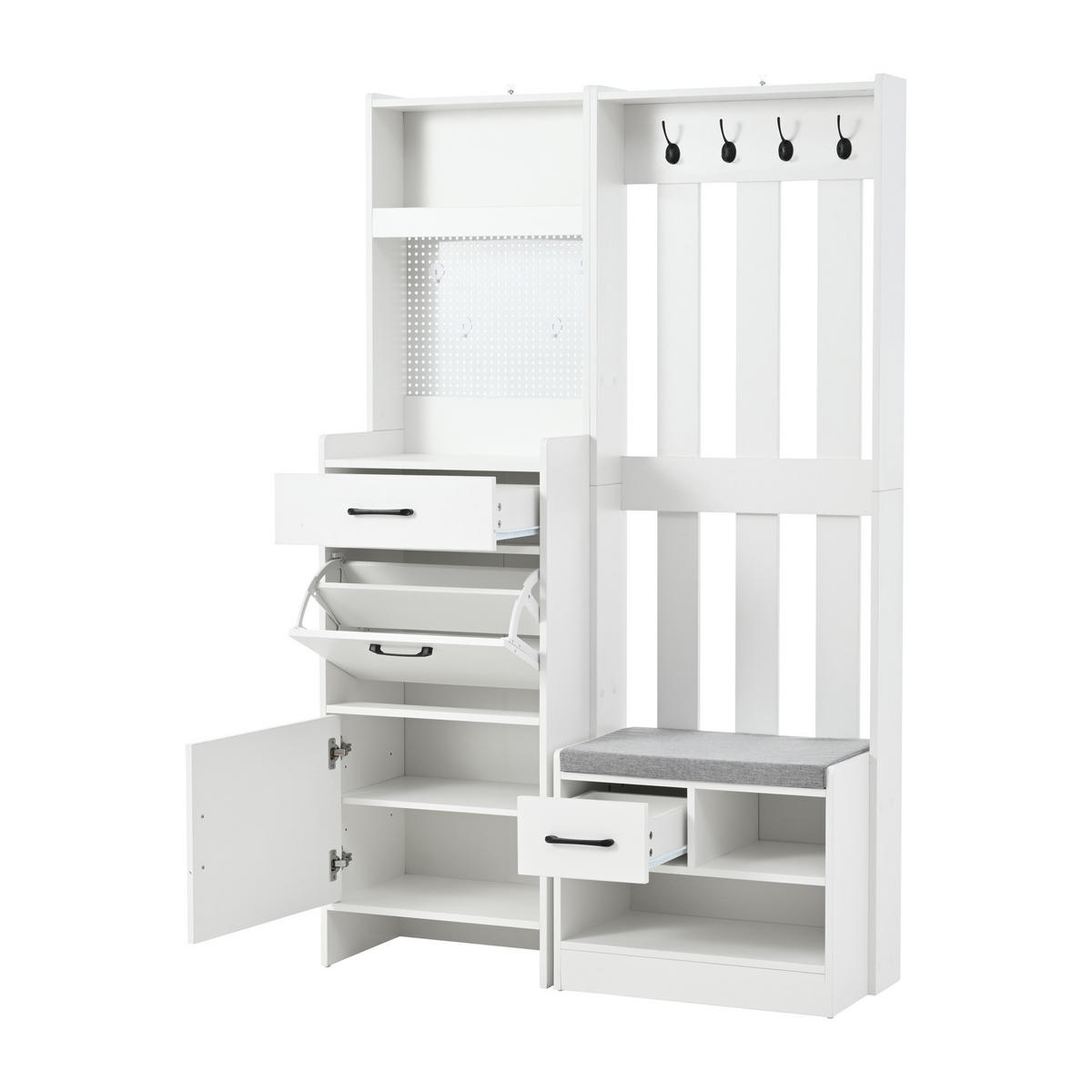 STANDGARDEROBE mit 7 Haken, Sitzbank und Schuhschrank in Weiß 110/35/175,5 cm - Weiß, Holzwerkstoff (110/175.5/35cm) - BEAOK