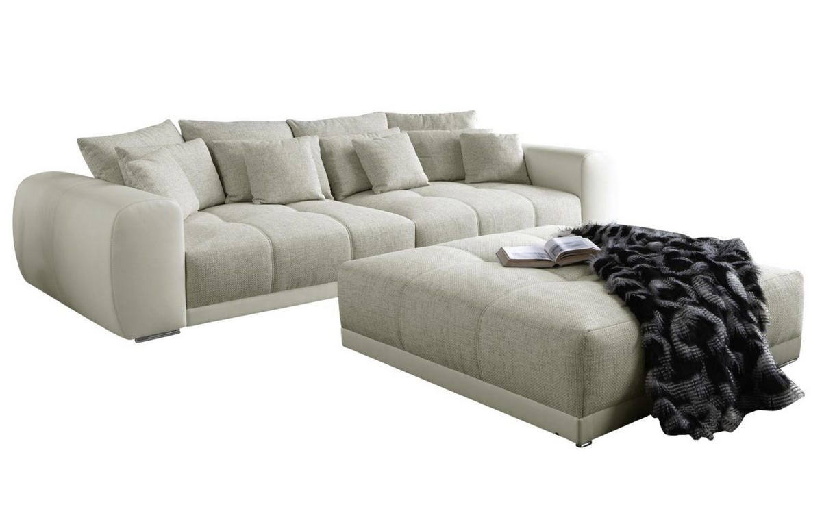 XXL-HOCKER Federkern B120/T120/H39 cm (passend zum BIG-SOFA) Kunstleder Weiß+Strukturstoff Grau Beige / 15138 - Chromfarben/Graubraun, Textil/Metall (120/39/120cm) - luma-home