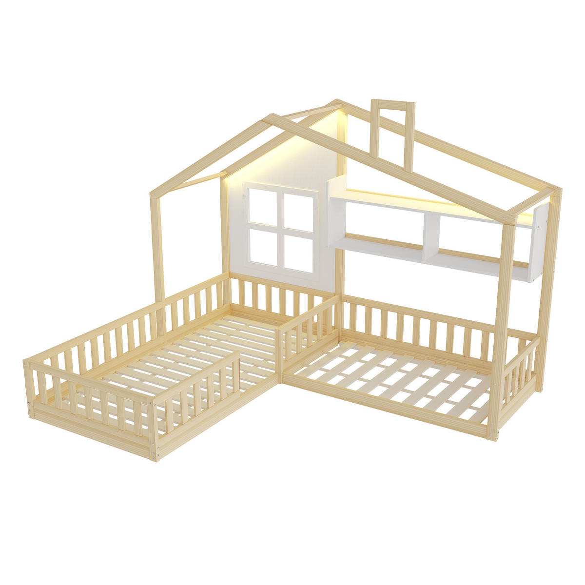 HAUSBETT 90/200 cm naturfarben weiß aus Massivholz mit LED und Regal - Naturfarben, Holz (90/200cm) - OKWISH
