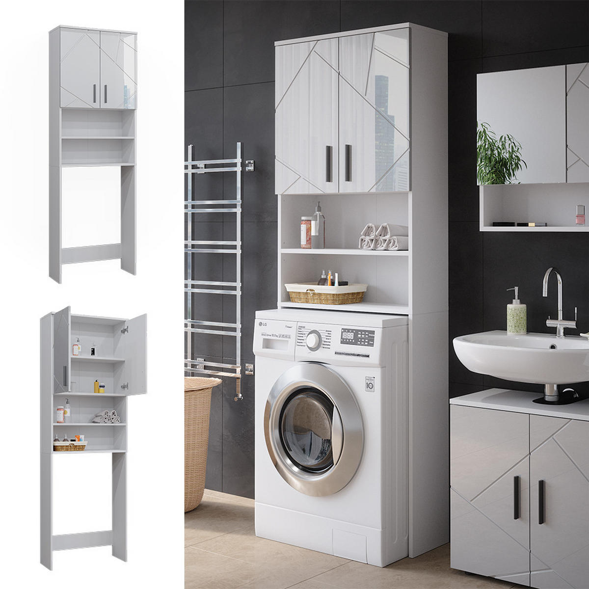 WASCHMASCHINENSCHRANK Irma Weiß 64 x 190.5 cm - Weiß Hochglanz, Holzwerkstoff (64/190.5/26cm) - Vicco