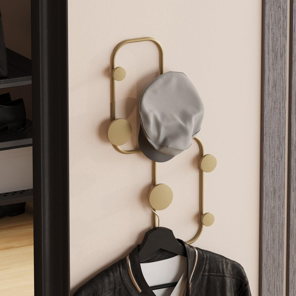 WANDGARDEROBE mit 5 Haken aus schwarzem Metall 26/5/48 cm - Goldfarben, Metall (5/48/7cm) - Calicosy