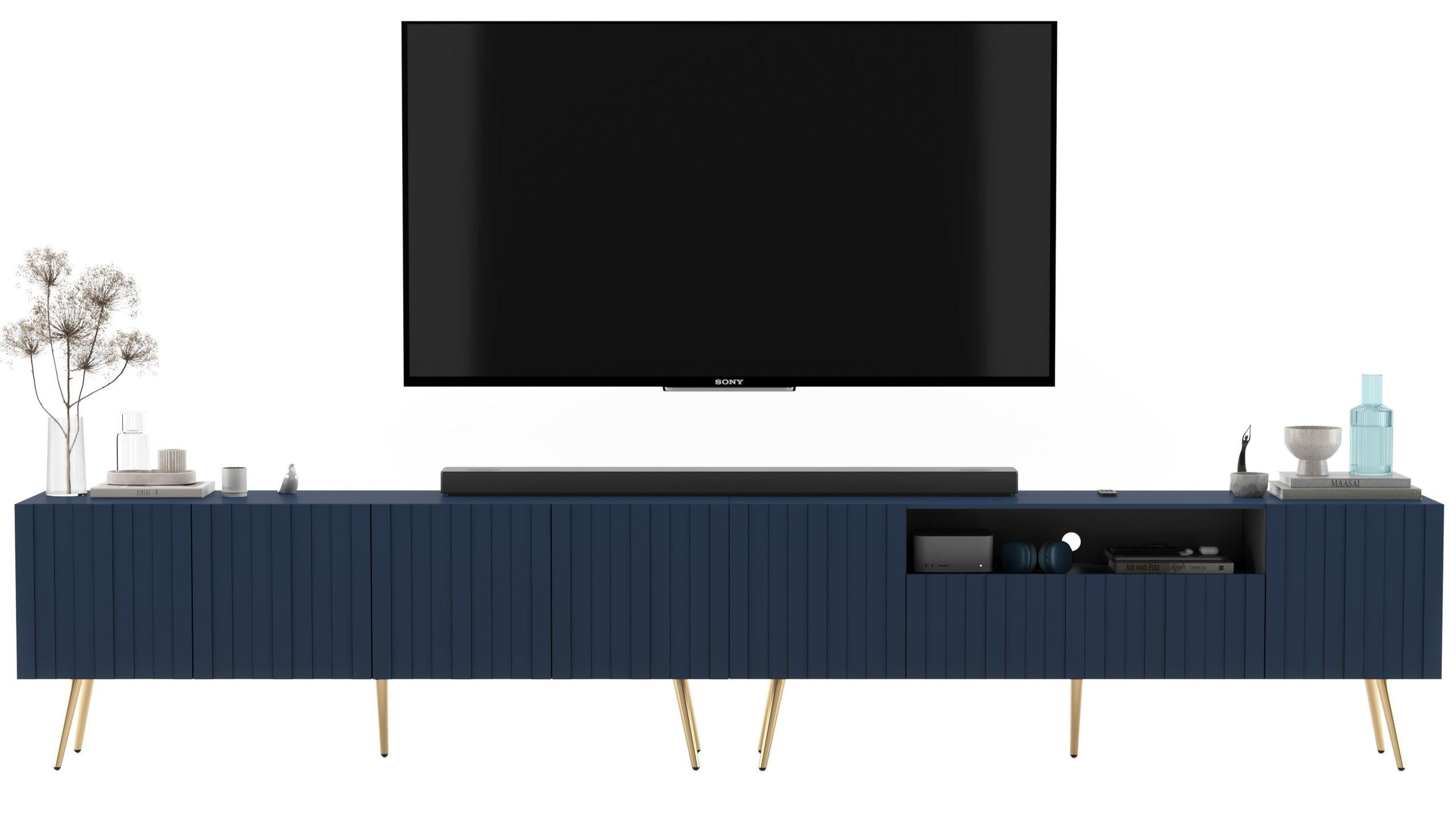 TV-LOWBOARD 2er-Set Elpis2 Marineblau mit goldenen Metallbeinen150 cm - Blau/Goldfarben, Holzwerkstoff (300/60.5/36.5cm) - Meble Lindner