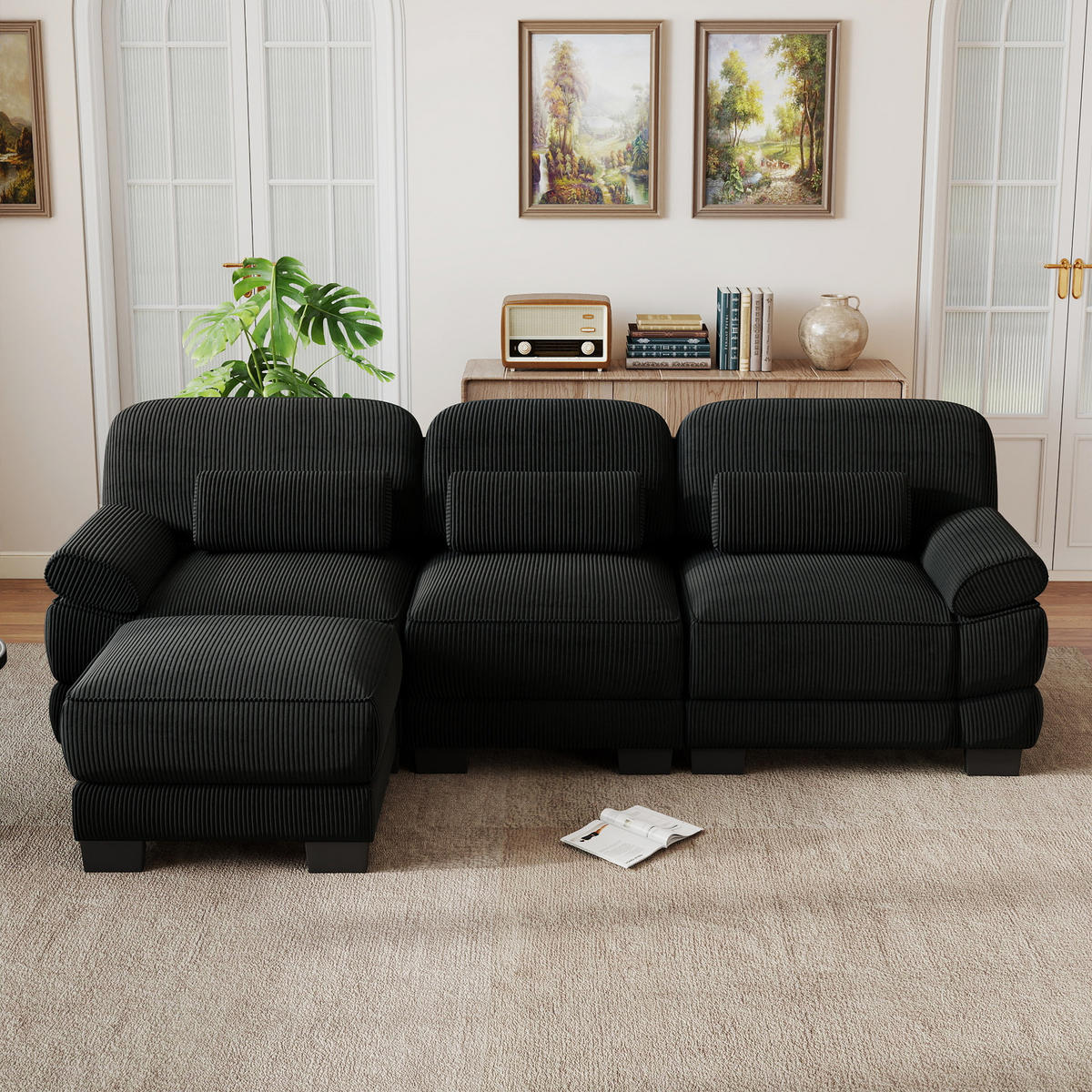 ECKSOFA 3-Sitzer L-Form mit Hocker, DE-42659, Schwarz - Schwarz, Holz (265/161cm) - ComfortXL