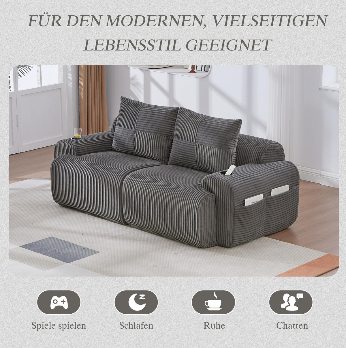 2-SITZER-SOFA 200/99/80 cm in Dunkelgrau mit Cordbezug und Cupholder - Dunkelgrau, Textil (99/80/200cm) - Flora Grace