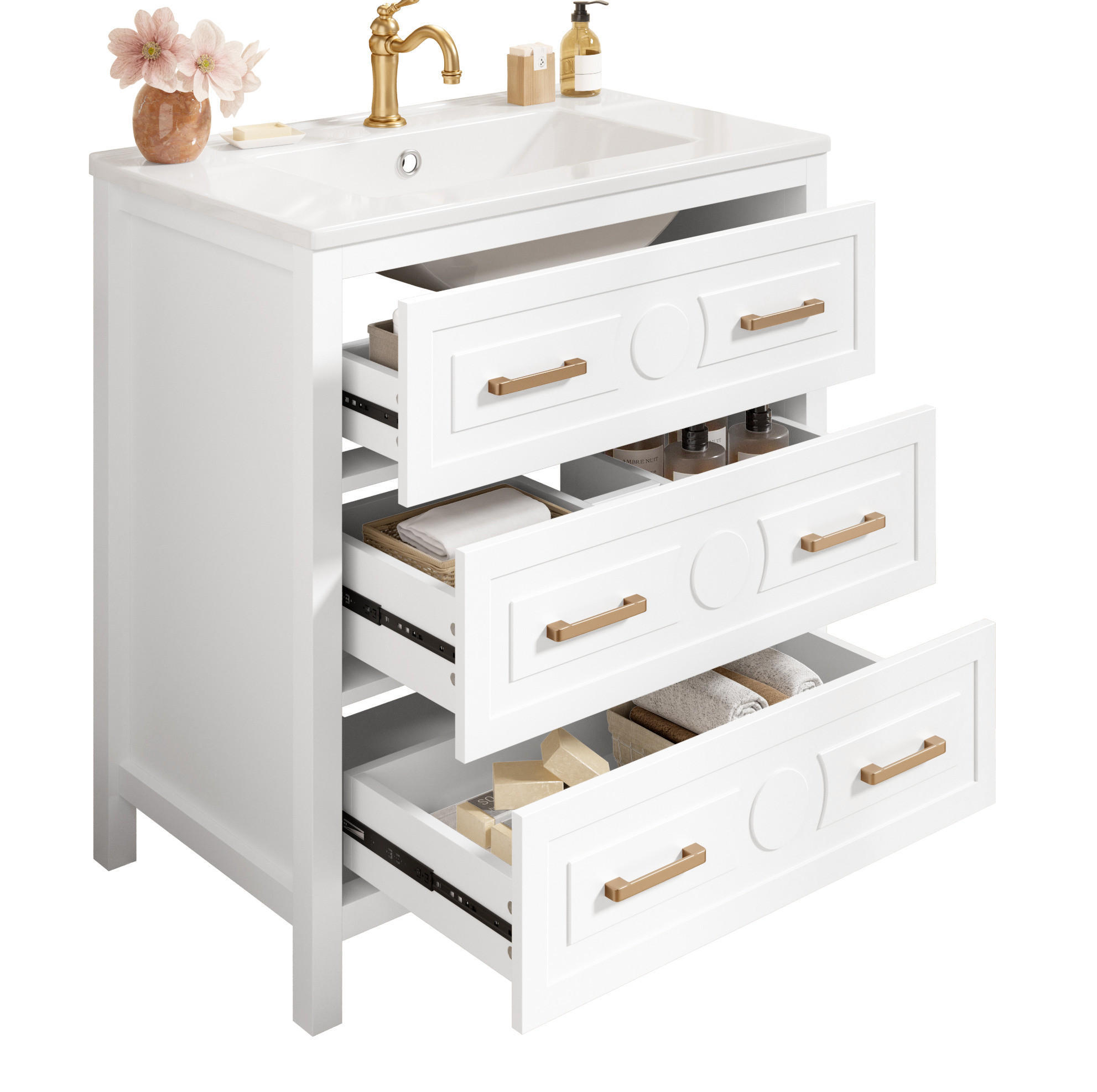 WASCHTISCH MDF/Keramik 76,5x47x82 cm Weiß mit 3 Schubladen und integriertem Keramikbecken - Weiß, Keramik (76.5/82/47cm) - Modfu