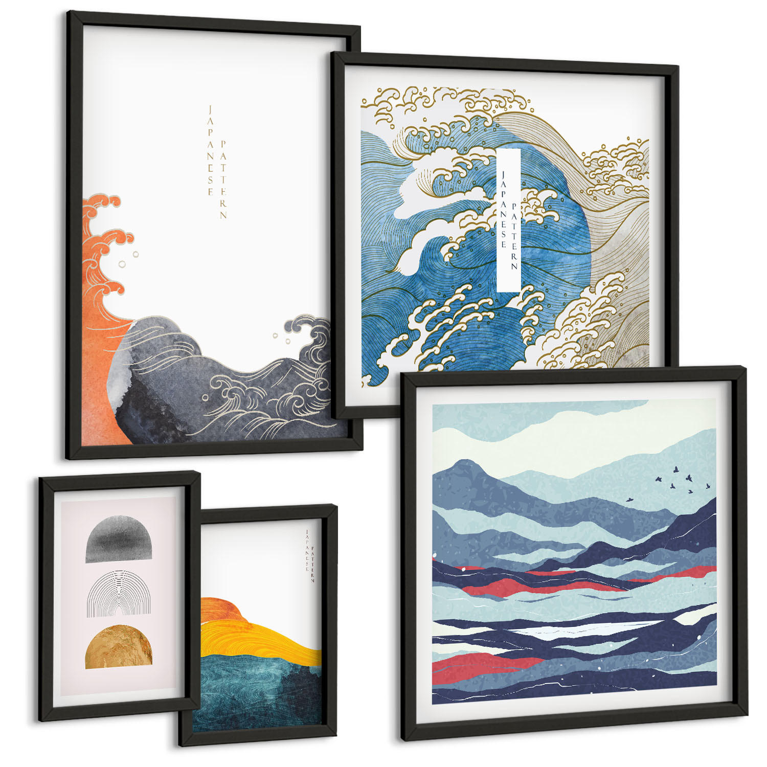 BILDER SET 5er Set - 50x50 cm & 20x30 cm & 40x60 cm Schwarzer Rahmen - Stilvolle moderne Blumen - Schwarz, Kunststoff (40/60cm) - TULUP