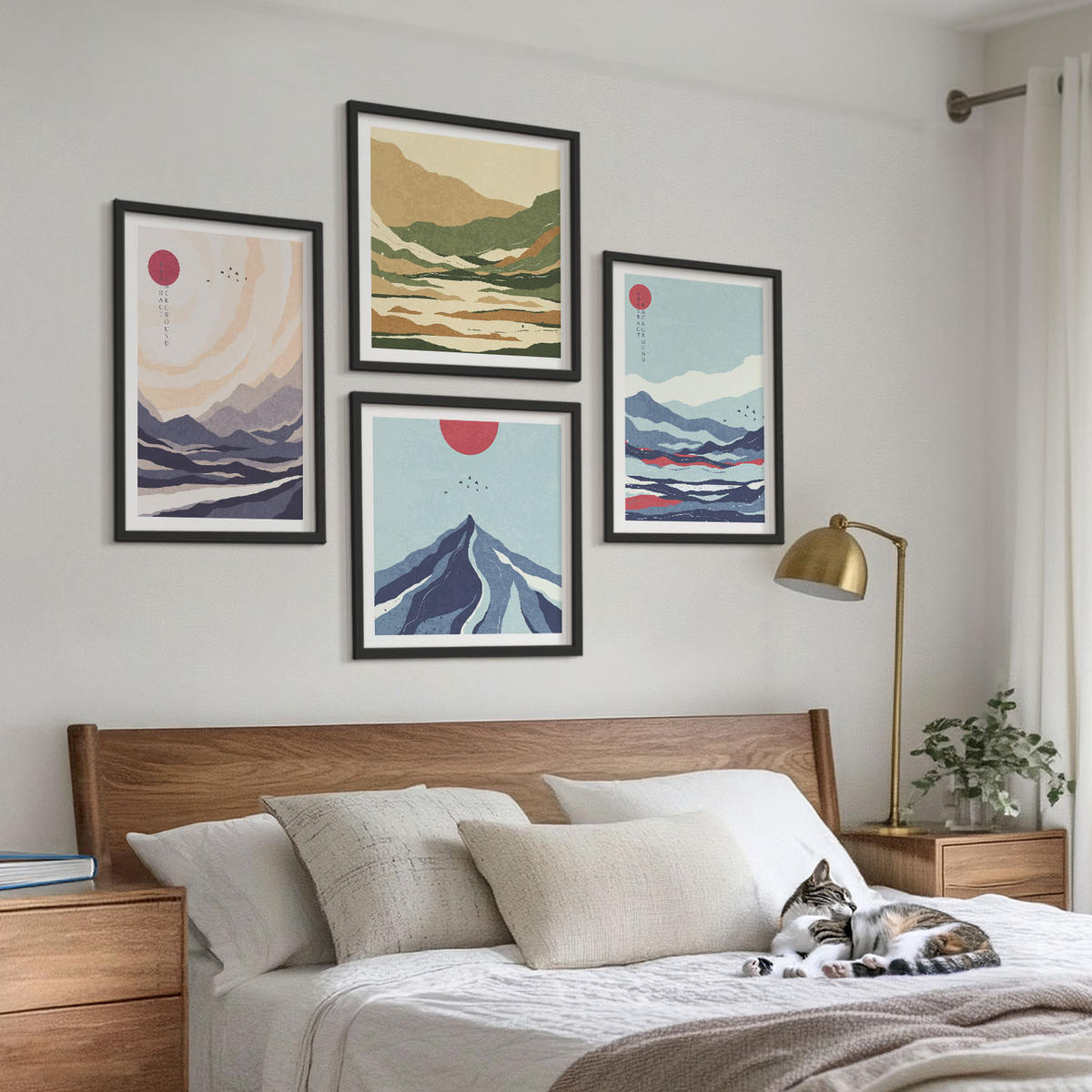 BILDER SET 4er Set - 50x50 cm & 40x60 cm Schwarzer Rahmen - Abstrakte Berglandschaften - Schwarz, Kunststoff (50/50cm) - TULUP