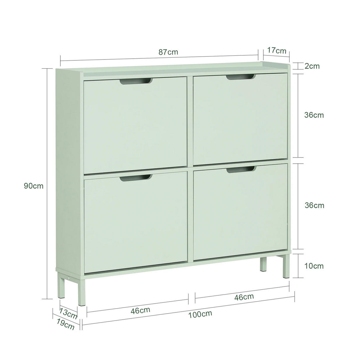 FSR100 Schuhkipper 4 Klappen Schuhschrank schmal Schuhkommode Schuhablage Hellgrün - Hellgrün, Holzwerkstoff/Metall (100/90/19cm)