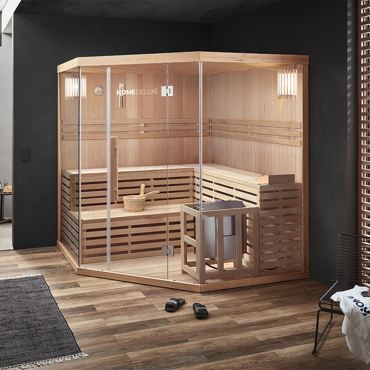 SAUNA SKYLINE BIG XL - Ausstattung: Mit Holzwand, Größe: 200 x 200 x 210 cm - Naturfarben, Holz (200/210/200cm) - Home Deluxe