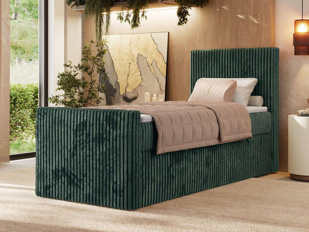 BOXBETT TILIANO DUO 90/200 - Dunkelgrün Cord - H4 - Topper Visco - Rechts Seite - Dunkelgrün, Textil (90/200cm) - MKS