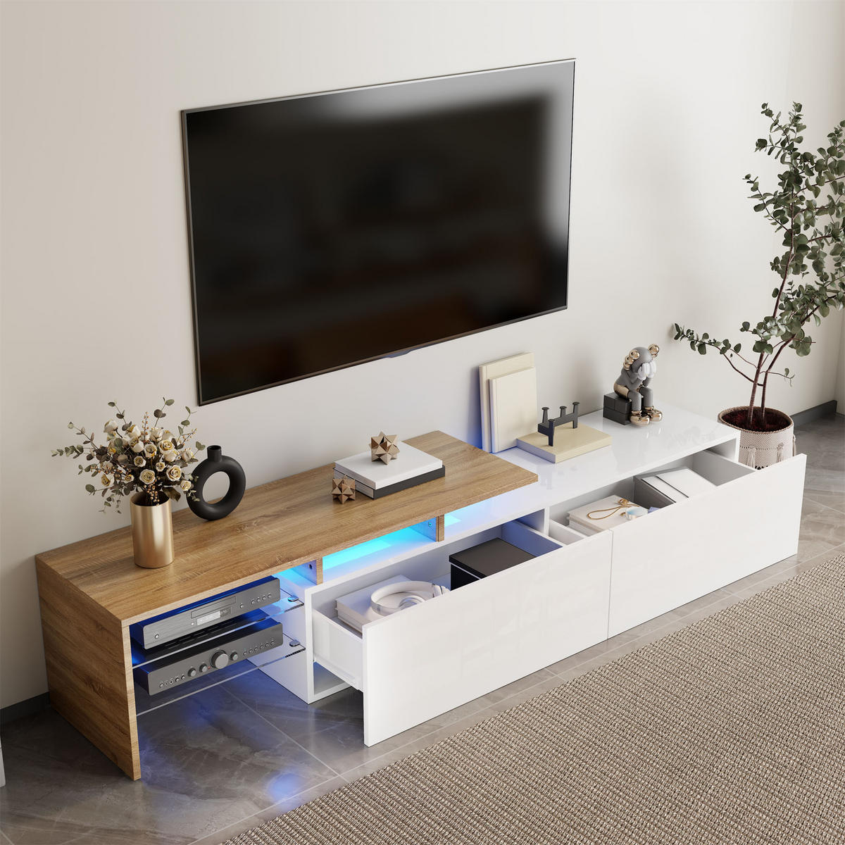 TV-ELEMENT170X33X33,5CM HochglanzWeiß mit LEDBeleuchtung und Glasböden - Naturfarben, Holz (42.19/18.42/143cm) - Raelunyi