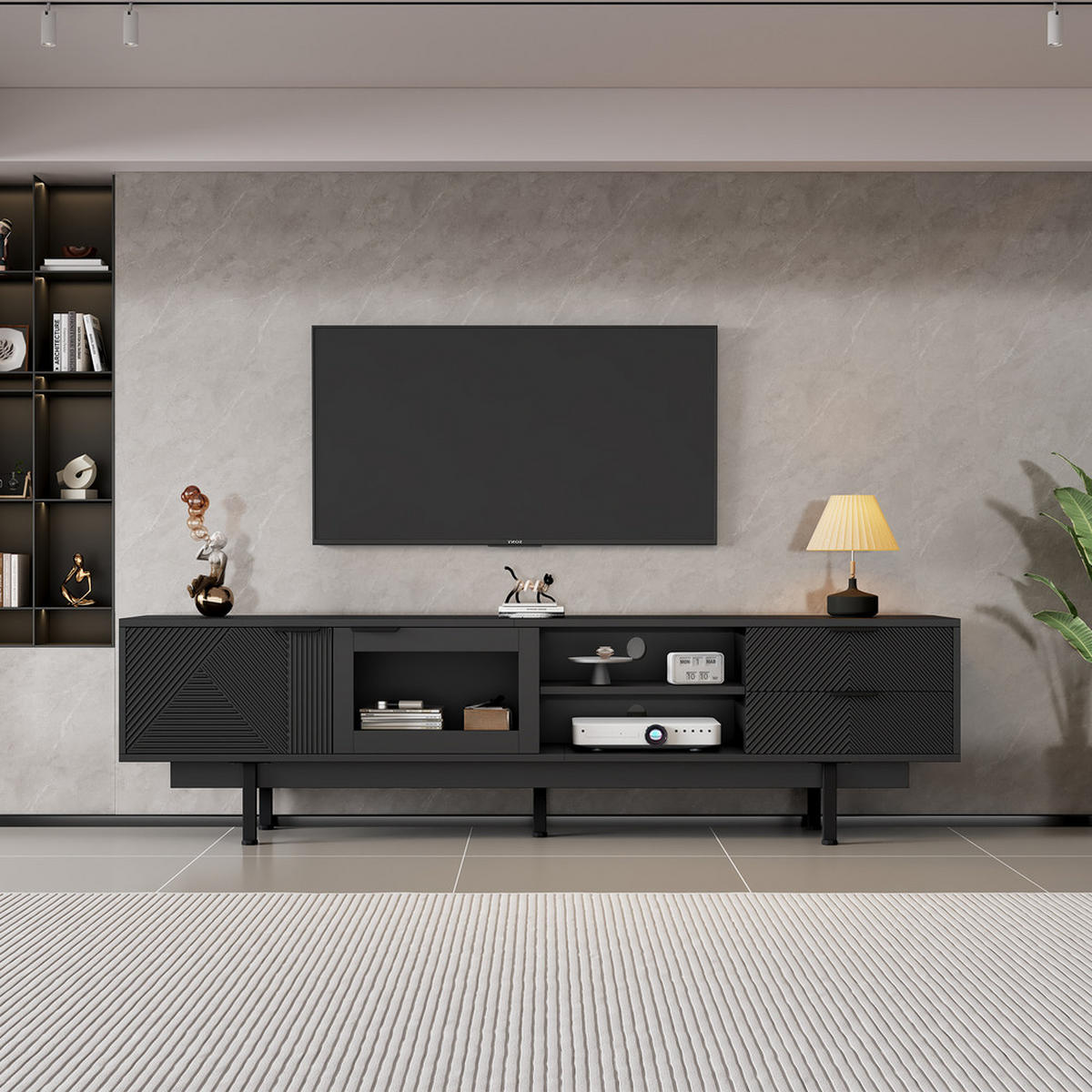 TV-SCHRANK 200x40cm Modern Schwarz 2 Türen 2 Schubladen Stauraum bis 80 Zoll - Schwarz, Holz (46.02/19.3/71.12cm) - FLIEKS