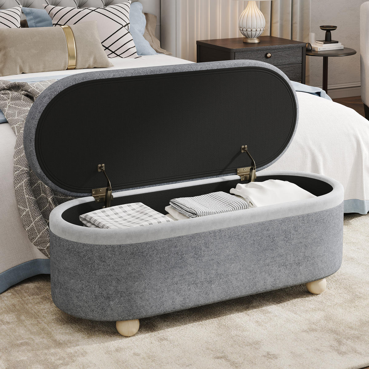 SITZBANK, Stauraum, Fleece, Holzbeine, Grau, 110x41x47cm - Grau, Textil (41/47/110cm) - FLIEKS