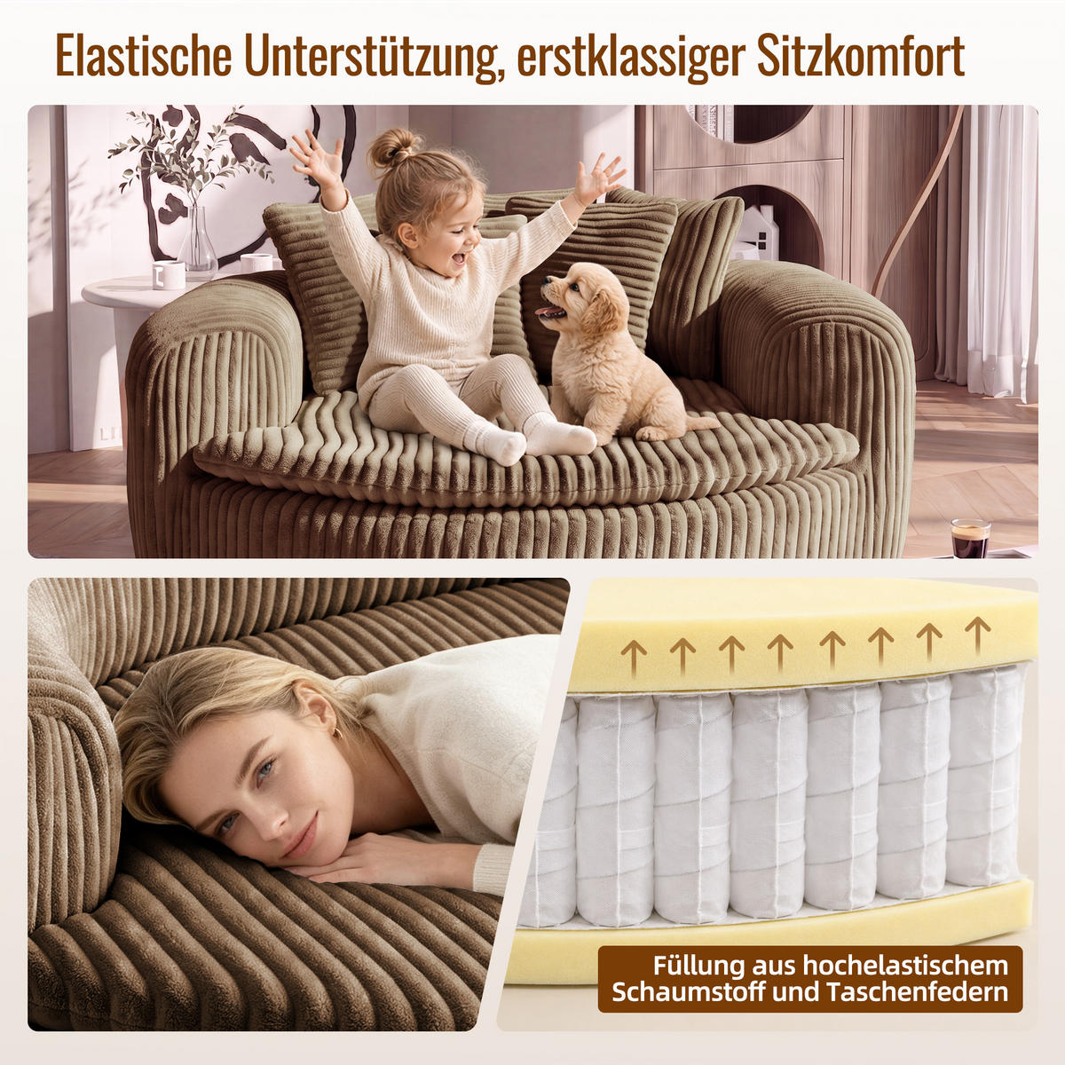 SITZSACK Cord Extrabreit mit 5 Kissen - Sandfarben, Textil (145/59/133cm) - Urban Meuble