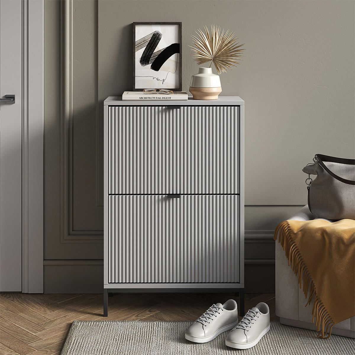 SCHUHKIPPER Eliza Grey 60 x 92 cm se 2 výklopnými zásuvkami - šedá, kompozitní dřevo (60/92/24cm) - Vicco