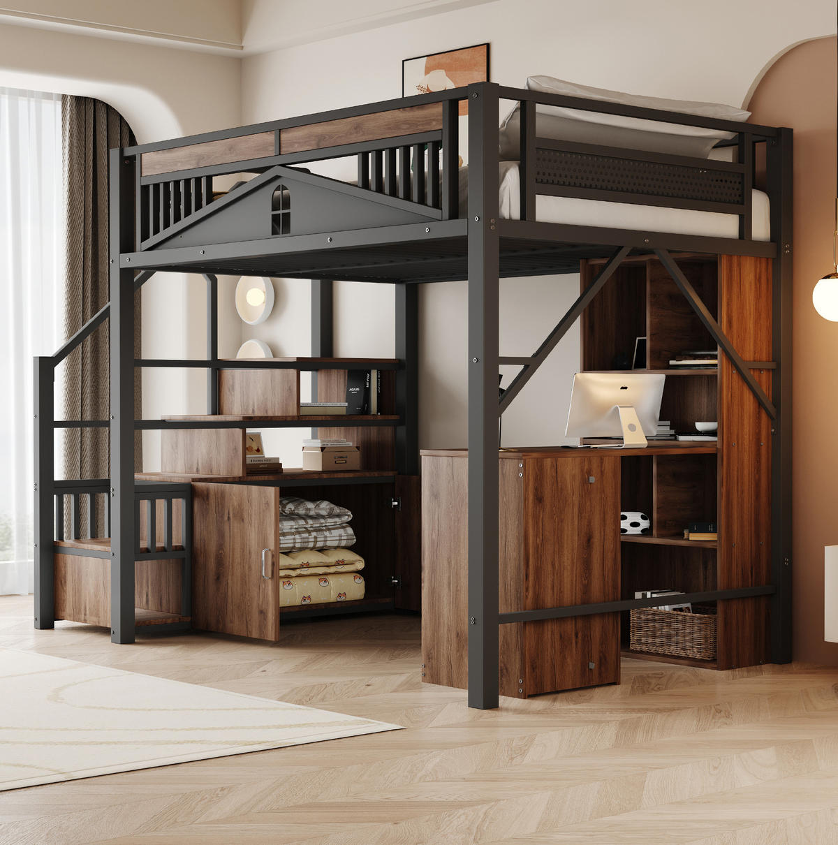 HOCHBETT 140/200 cm aus Metall mit Stauraumtreppe, Schrank und Sicherheitszaun mit Fenster, Schwarz - Schwarz, Metall (140/200cm) - Redom