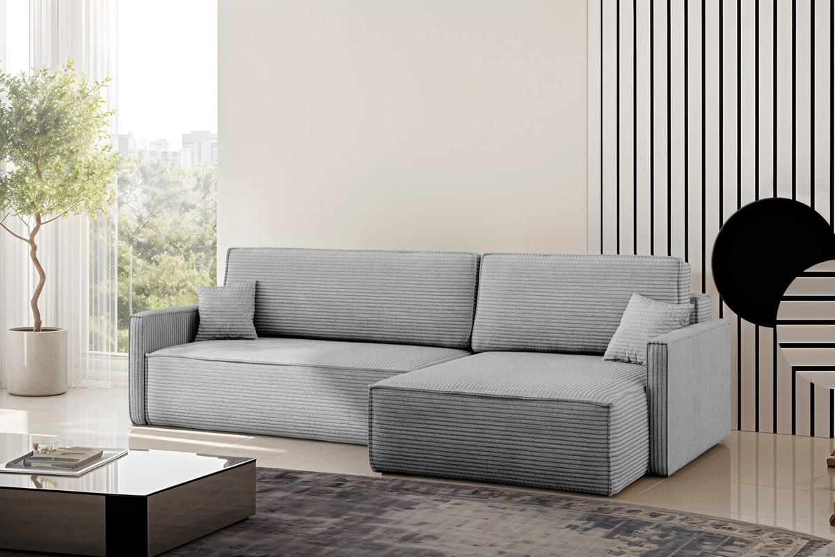 SCHLAFSOFA Carlos, Ecksofa L-Form mit schlaffunktion und bettkasten Stoff Poso Silber Rechts - Silberfarben, Holz (250/83/142cm) - Kaiser Möbel