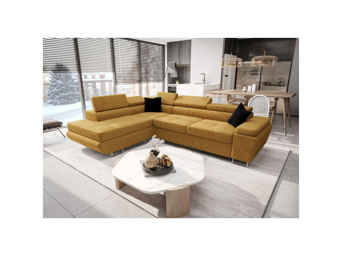 ECKSOFA KONGO RBN04, Eckcouch in L-Form mit Schlaffunktion, Farbe: Gelb, Velourstoff, Ottomane Links - Gelb, Textil (272/200cm) - O-Sofa