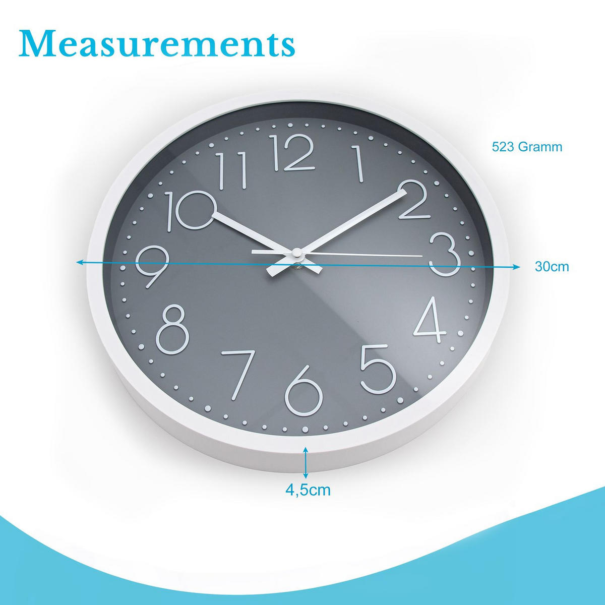WANDUHR 30.5 cm - Grau, Kunststoff (30.5/30.5/4.5cm) - Intirilife