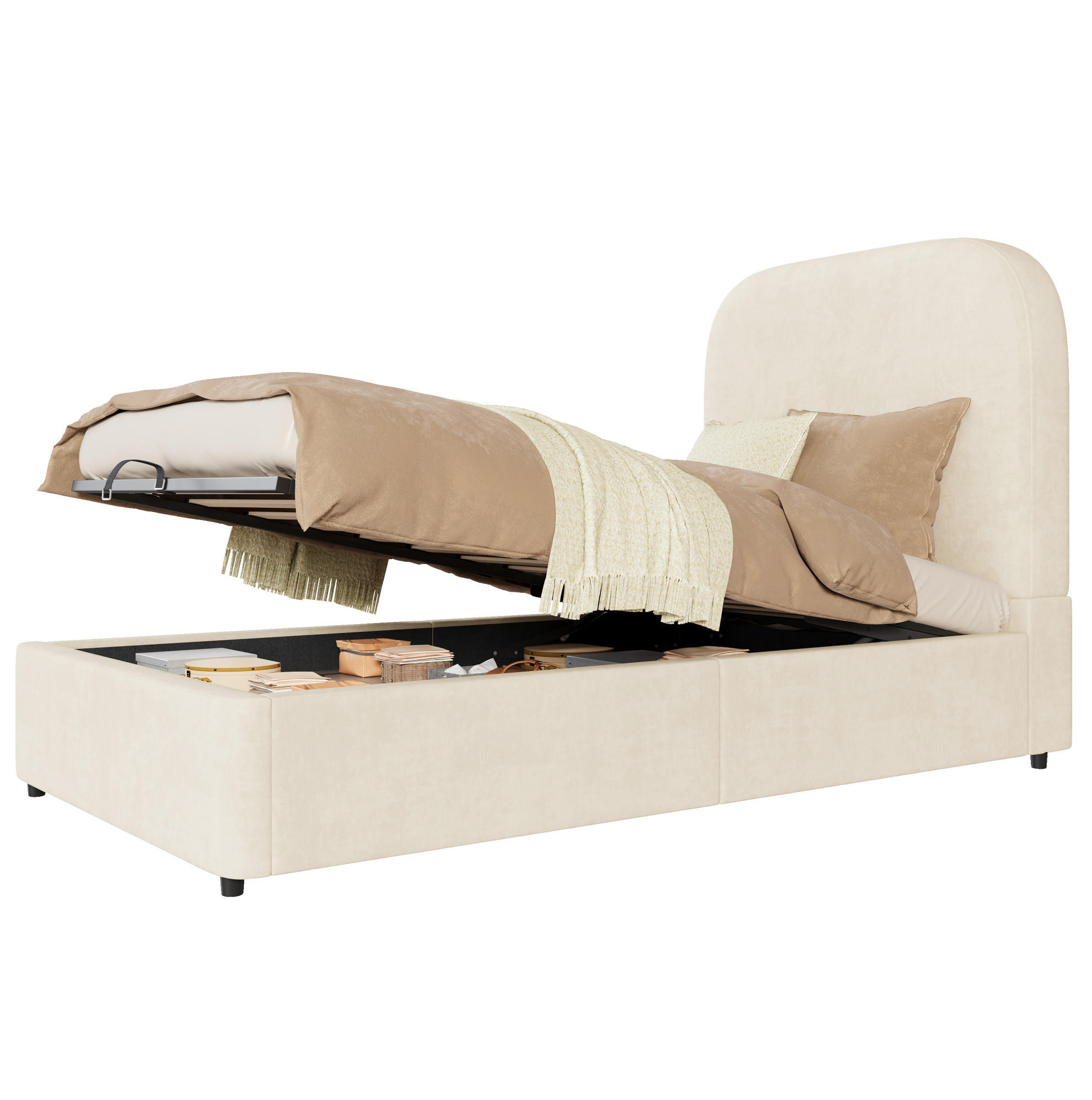 KINDERBETT 90/190 cm mit hydraulischem Bettkasten, Lattenrost und gepolstertem Kopfteil aus Samt, Beige - Beige, Textil (90/190cm) - Redom