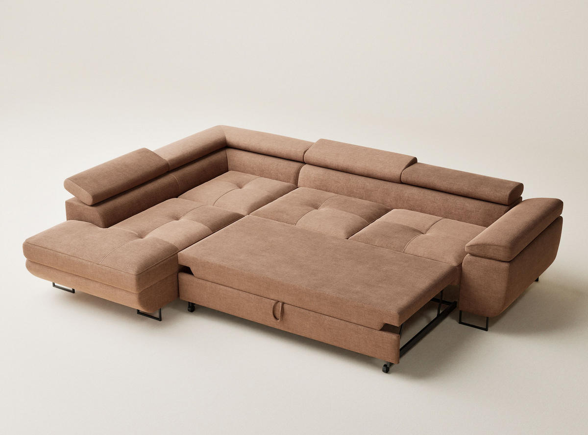 ECKSOFA Concord Hellbraun Chenille-Stoff - Links Seite - Hellbraun/Schwarz, Holz/Holzwerkstoff (203/277cm) - Maison de Reve