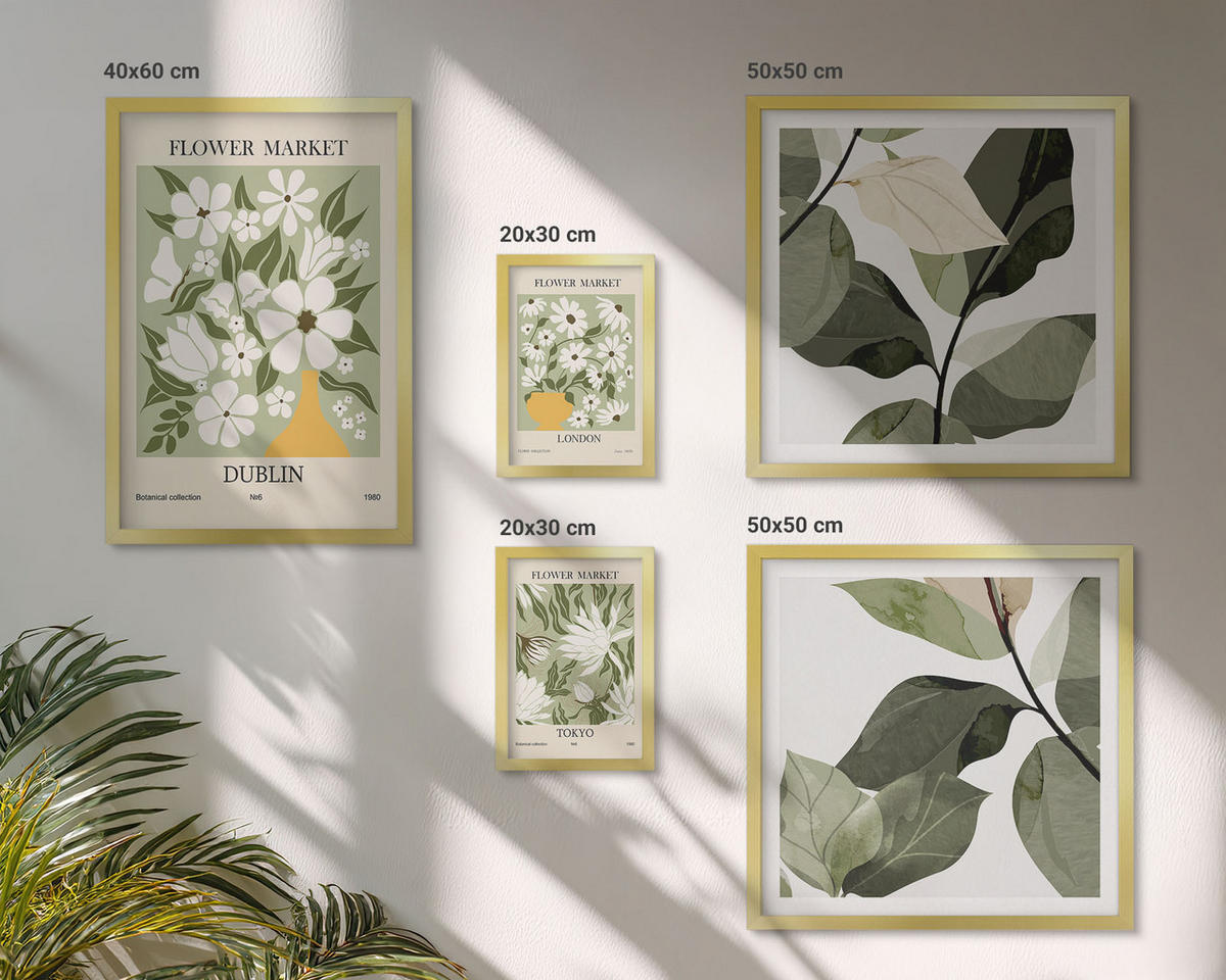 WANDBILDER 5er Set - 50x50 cm & 20x30 cm & 40x60 cm Goldrahmen - Blumenmuster London Dublin - Goldfarben, Kunststoff (40/60cm) - ArtPrintCave