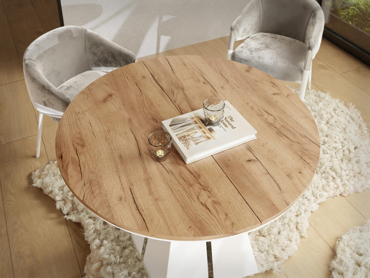 ESSTISCH Kova runder ausziehbarer, Craft Eiche 120-200/120/76 cm - Eiche Wotan/Weiß, Holzwerkstoff/Metall (120/120/76cm) - WFL GROUP