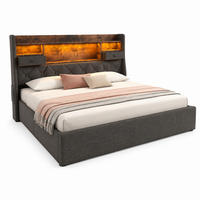 BETT mit Stauraum 180x200 cm Leinen Grau mit LED & Ladestation - Grau, Metall (180/200cm) - Meubliv