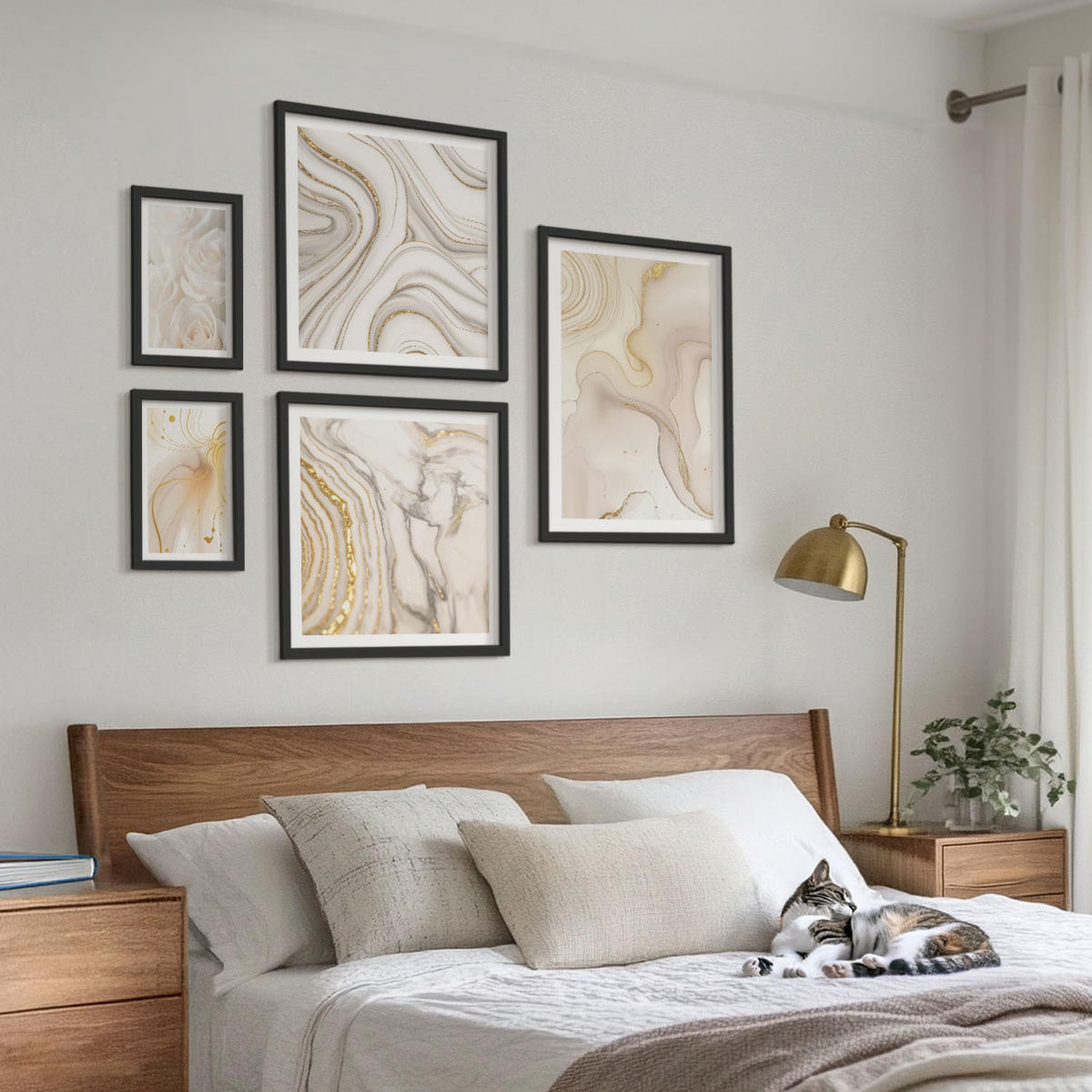 BILDER SET 5er Set - 50x50 cm & 20x30 cm & 40x60 cm Schwarzer Rahmen - Landschaften Natur Felder Sonne - Schwarz, Kunststoff (40/60cm) - TULUP