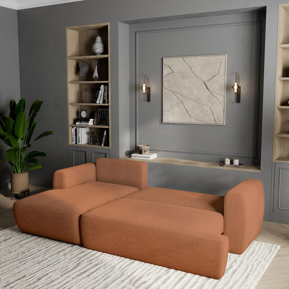 ECKSOFA SENTI N L-S Orange Boucle-Stoff mit Schlaffunktion - Orange, Holz (246/148cm) - MASSENO