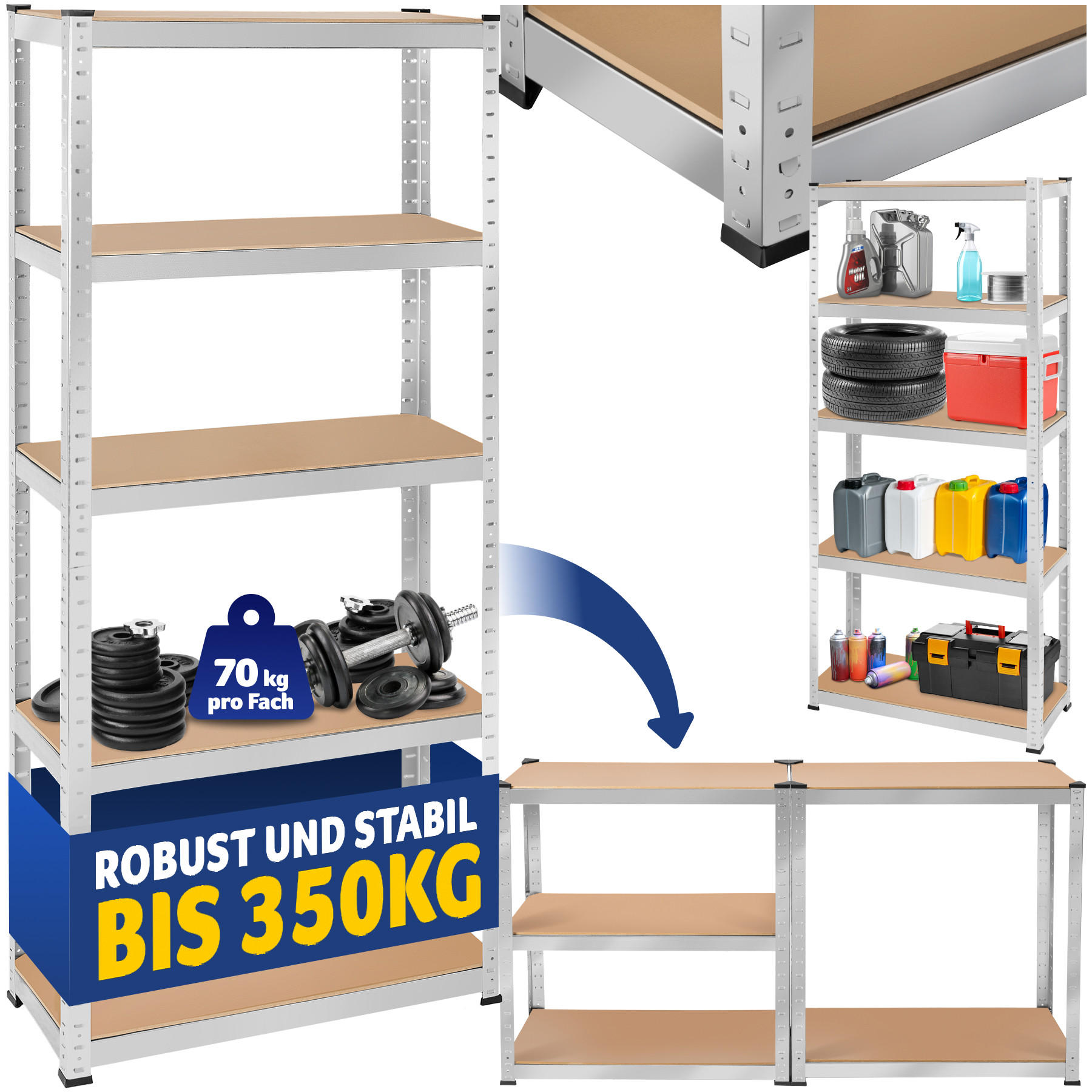 SCHWERLASTREGAL ,schnelle Montage,silber - Silberfarben, Metall (75/180/30cm) - tectake