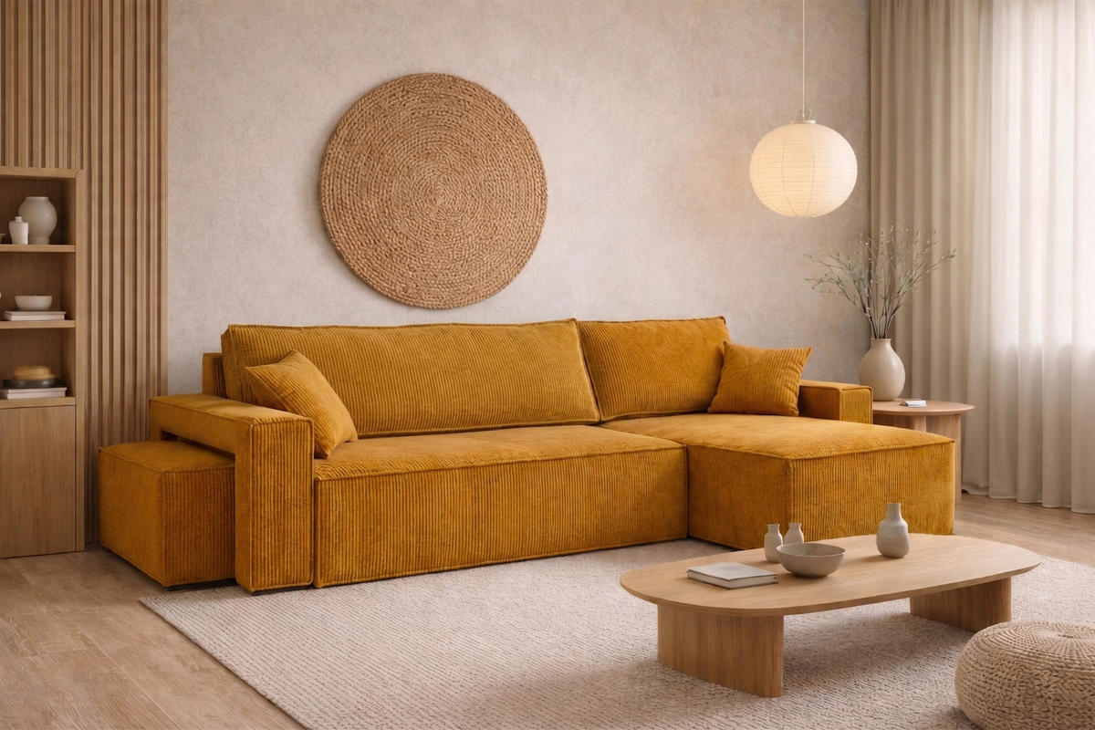 ECKSOFA Mit Schlaffunktion Und Pouf, Cordstoff Poso, Senffarbe, Rechts, Best L Mit Pouf - Gelb, Holz (244/145cm) - Kaiser Möbel