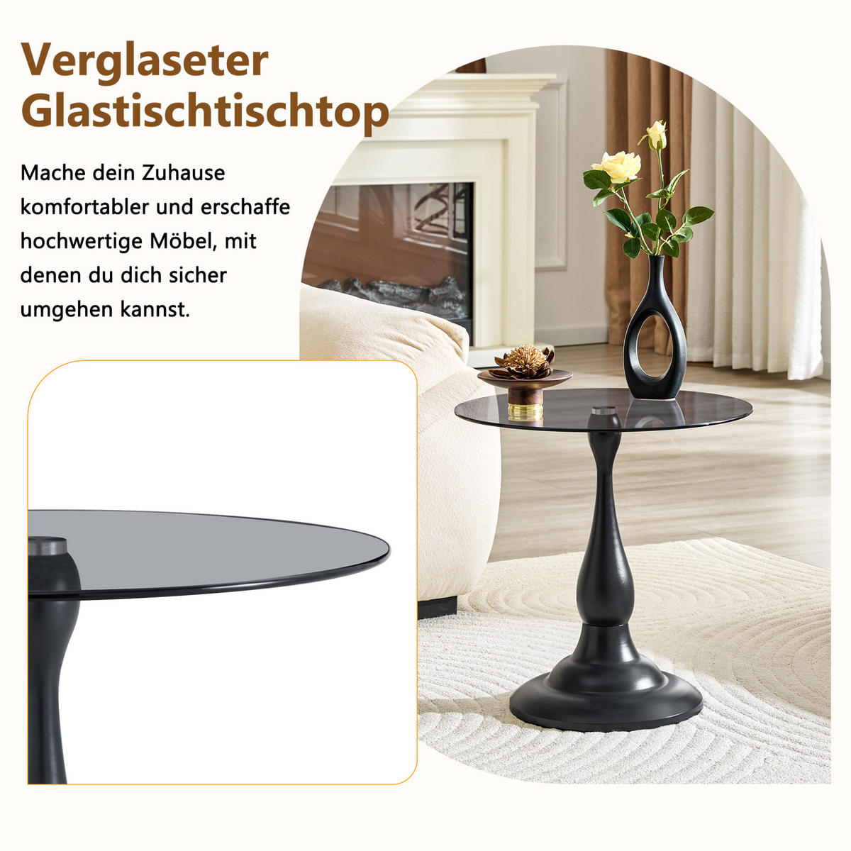 RUNDER Glas-Beistelltisch 50x50x51 cm Schwarz mit Metallgestell - Schwarz, Glas (50/50/51.5cm) - IVMEU