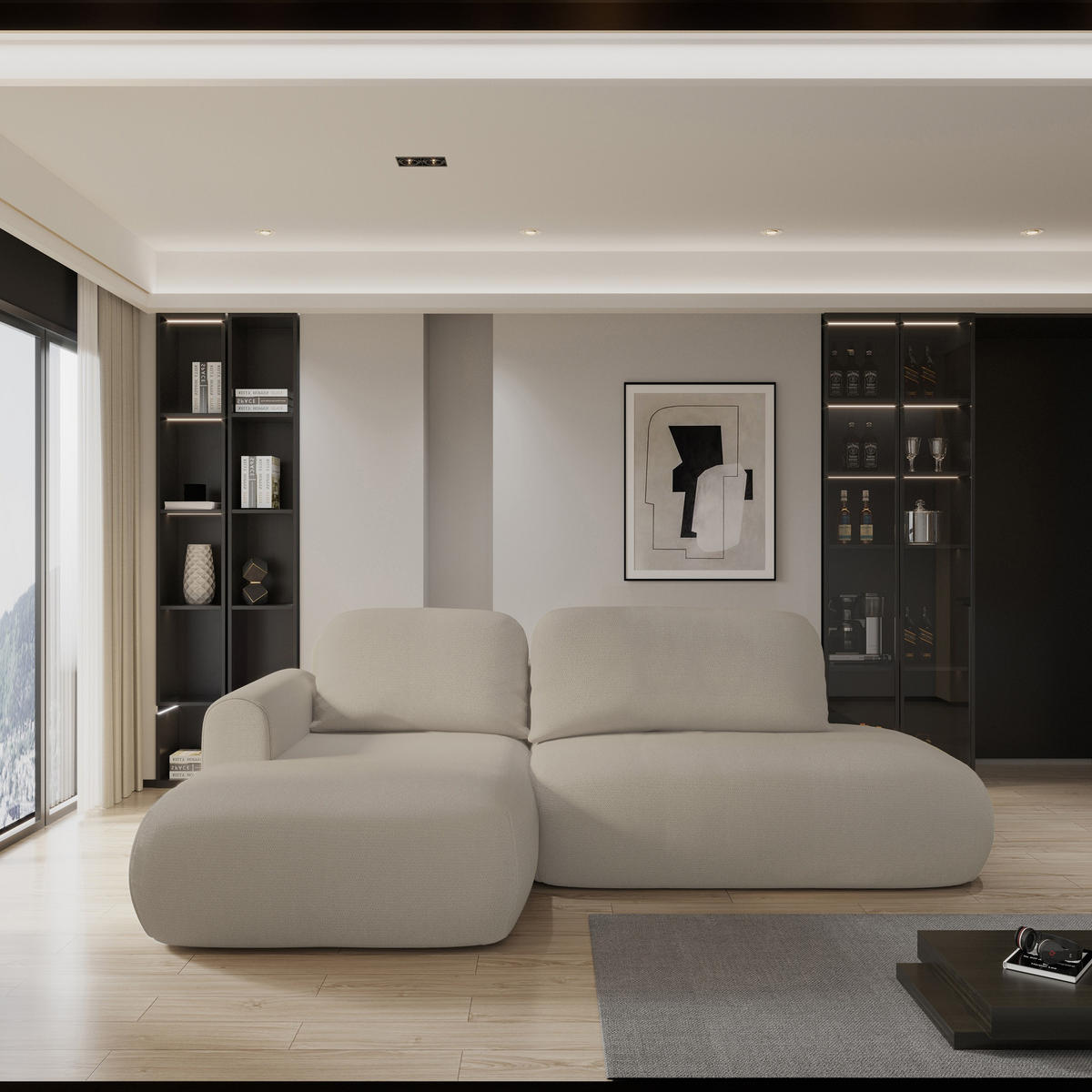 ECKSOFA NUVIRA L-S Beige Geflochtener Stoff mit Schlaffunktion - Beige, Holz (274/165cm) - MASSENO