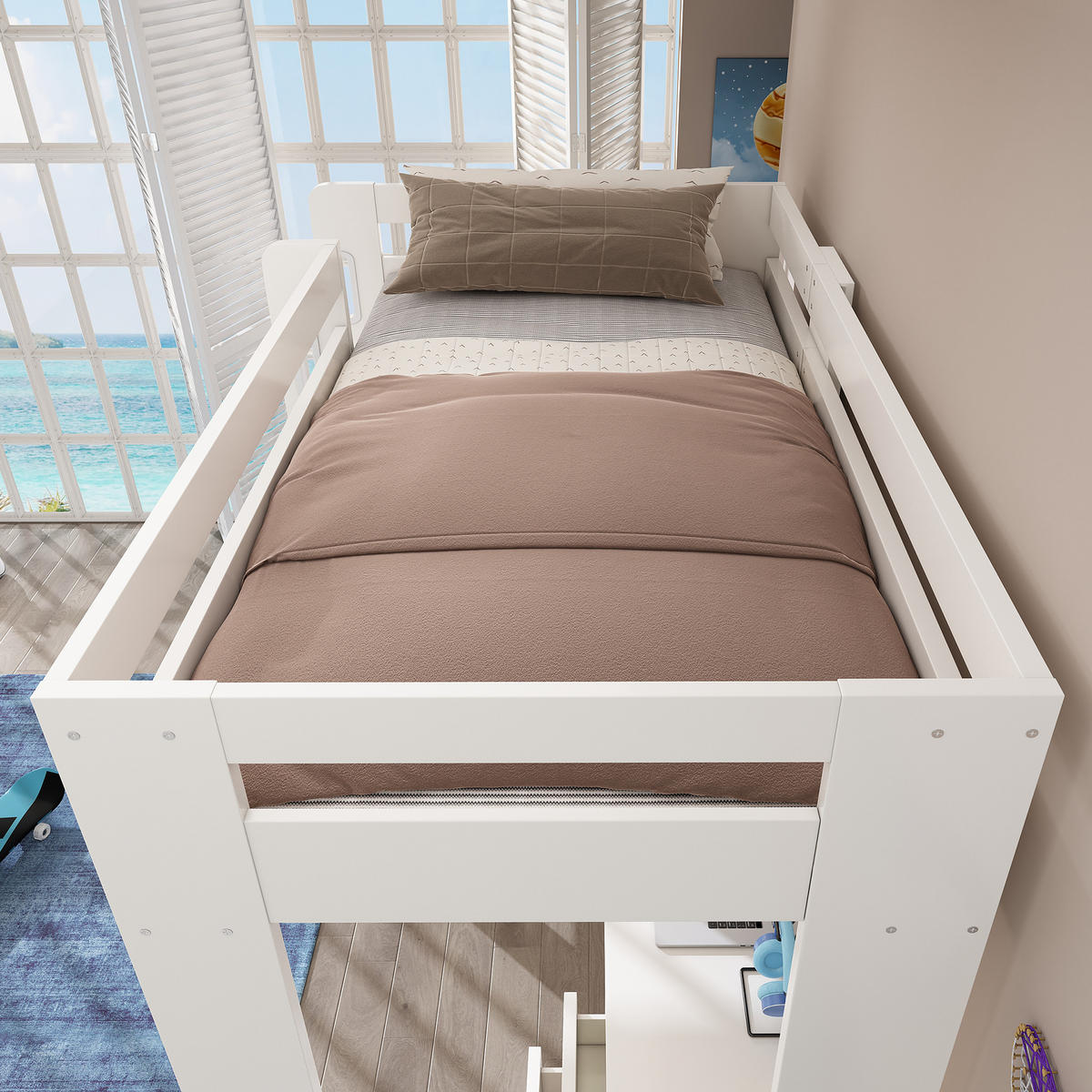HOCHBETT 90/200 cm in Weiß Kinderbett mit Schreibtisch, Schrank, Schubladen und USB/Type-C - Weiß, Holzwerkstoff (90/200cm) - STILVORA