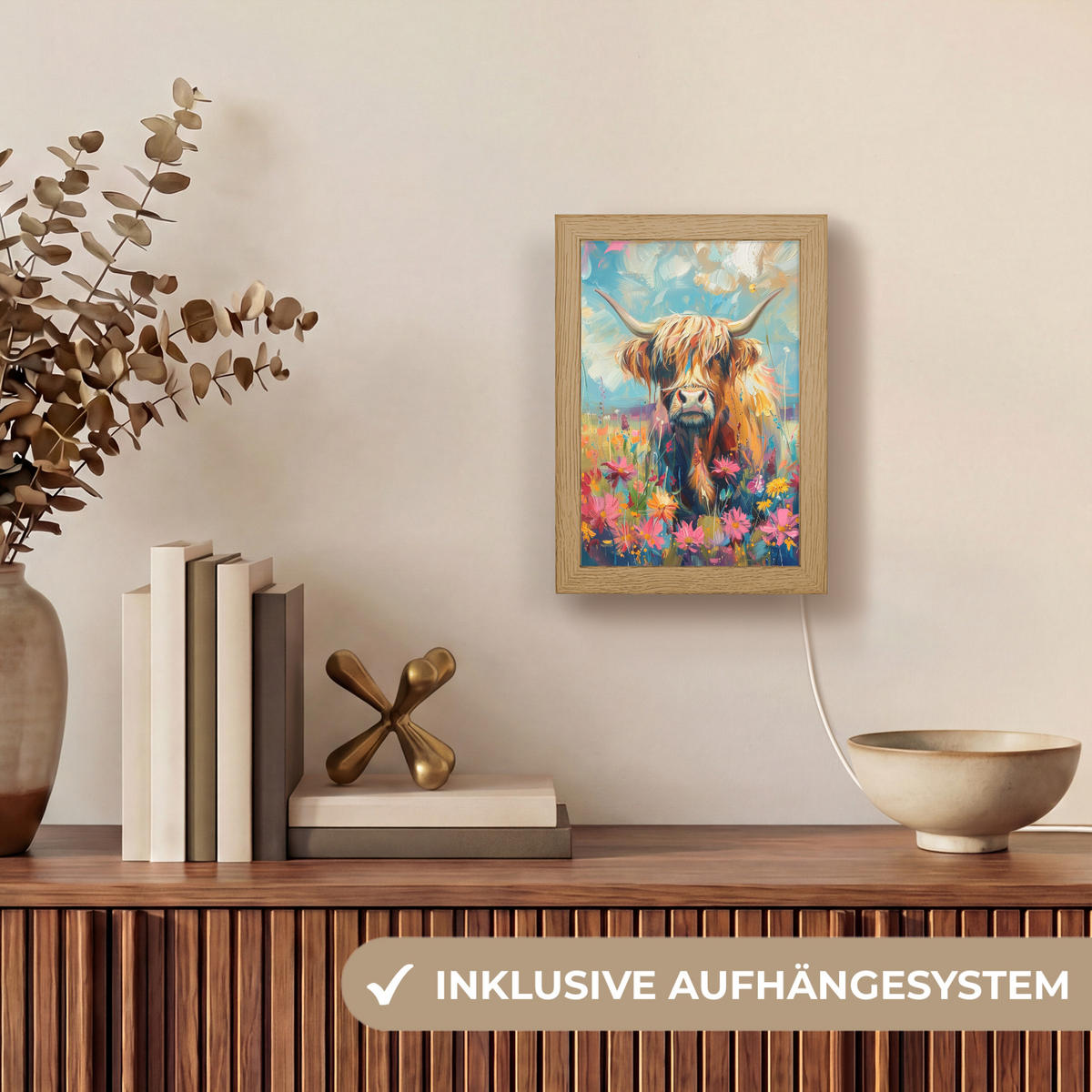 NÁSTĚNNÁ LAMPA Skotský horal - Příroda - Barevné - Květiny 15x20 cm - různobarevná, kompozitní dřevo (15/20/8cm) - OnlyWow
