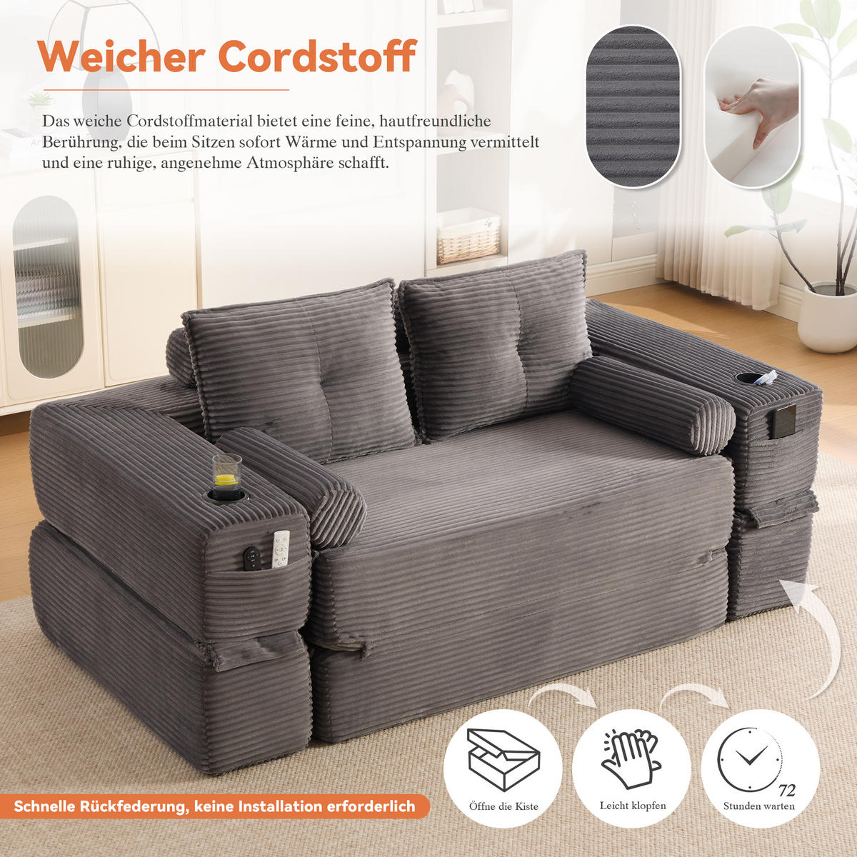 SCHLAFSOFA mit Klappfunktion, Memory-Kissen und Getränkehalter aus Cord - Dunkelgrau, Textil (180/80/98cm) - EVRYAE