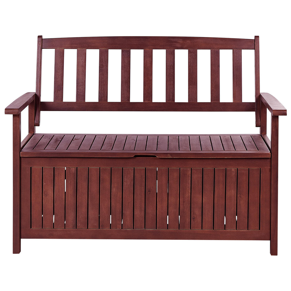 GARTENBANK Akazienholz mahagonibraun mit Stauraum Auflage hellgrau 120 cm Sovana - Dunkelbraun/Hellgrau, Holz (120/91/60cm) - Beliani
