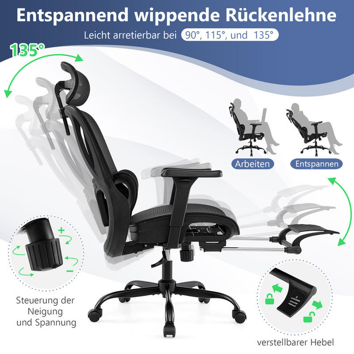 BÜROSTUHL mit ausziehbarer Fußstütze schwarz - Schwarz, Metall (75/113/66cm) - COSTWAY