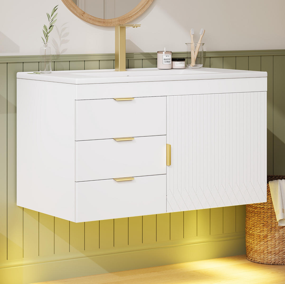 BADEZIMMERSCHRANK MDF 76x46x51 cm Weiß mit LED-App-Steuerung, Keramikwaschbecken, Wandmontage - Weiß, Holzwerkstoff (76/51/46cm) - Modfu