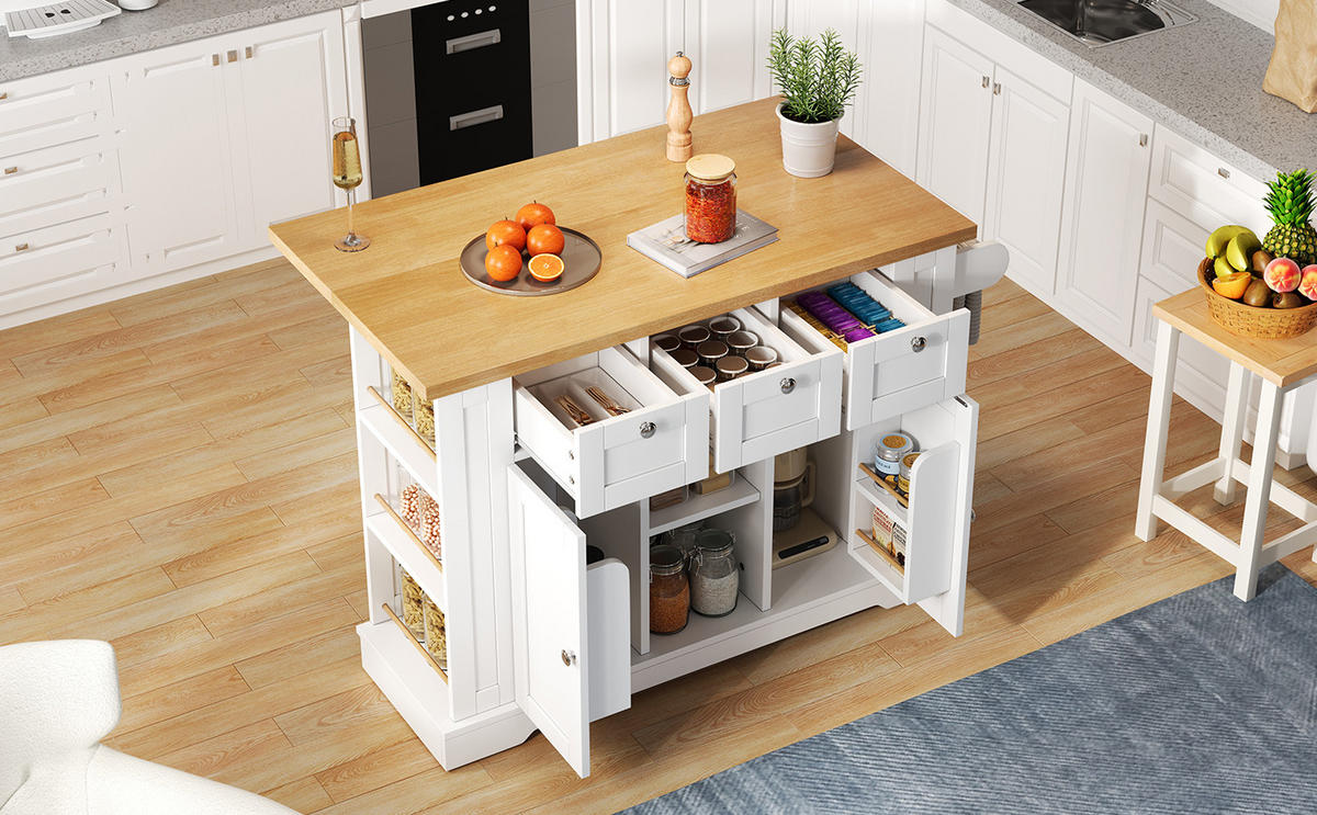 KÜCHENINSEL mit Stauraum, USB & Steckdosen, klappbare Arbeitsplatte - Weiß, Holzwerkstoff/Metall (132/87/70cm) - Urban Meuble