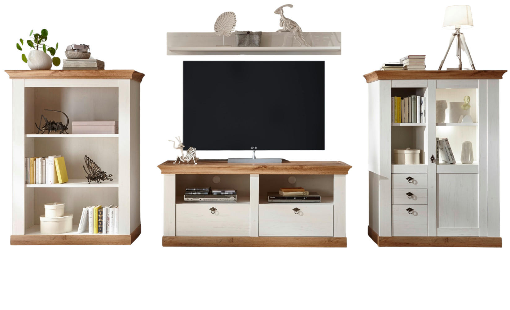 WOHNWAND weiß Pinie, Eiche 4-teilig 376 cm, Schrankwand im Landhaus-Stil - Silberfarben/Eiche Wotan, Glas/Holzwerkstoff (376/170/52cm) - Furn.Design