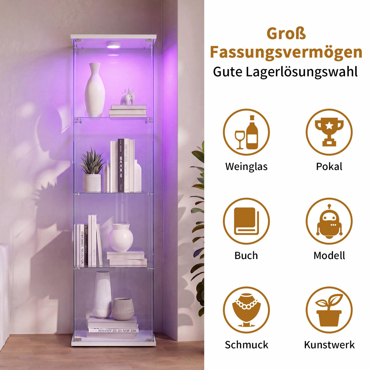 VITRINENSCHRANK Glasvitrine led Weiß mit 1 Tür und 4 Etagen, mit Schloss und Spiegeleffekt,164cm - Weiß, Glas (36.5/164/42.5cm) - BPKADHY