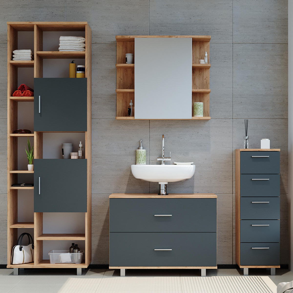 BADMÖBEL-SET Ilias Anthrazit/Goldkraft Eiche 4 Teile, mit Hochschrank - Anthrazit/Eiche Wotan, Holzwerkstoff (80.2/60.8/33cm) - Vicco