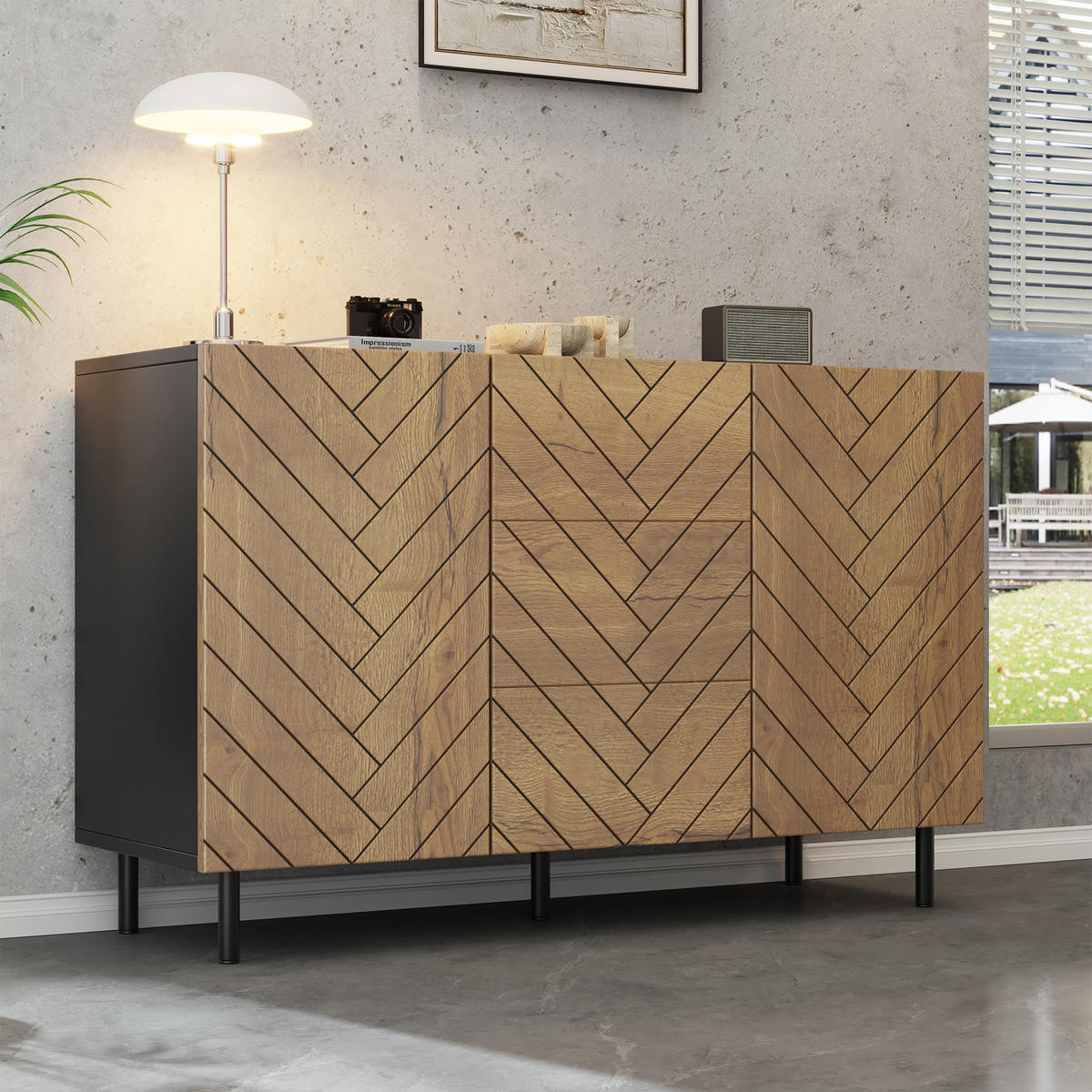SIDEBOARD in Holzfarbe Aufbewahrungsschrank mit 3 Schubladen für Wohnzimmer, B120/T40/H76 cm - Schwarz/Naturfarben, Holzwerkstoff/Metall (120/76/40cm) - STILVORA