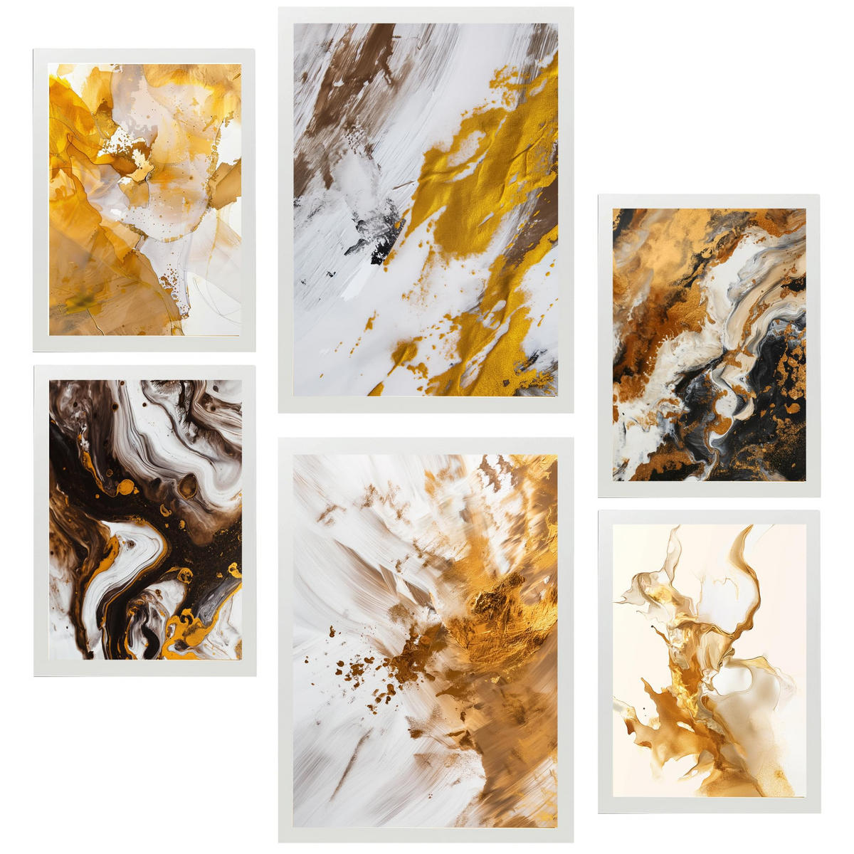 POSTER Set Mit 6 Abstrakte Farbe Braun Weiß Gold Formen A3 & A4 Weißer Rahmen - Weiß, Papier (29/3cm) - Nacnic