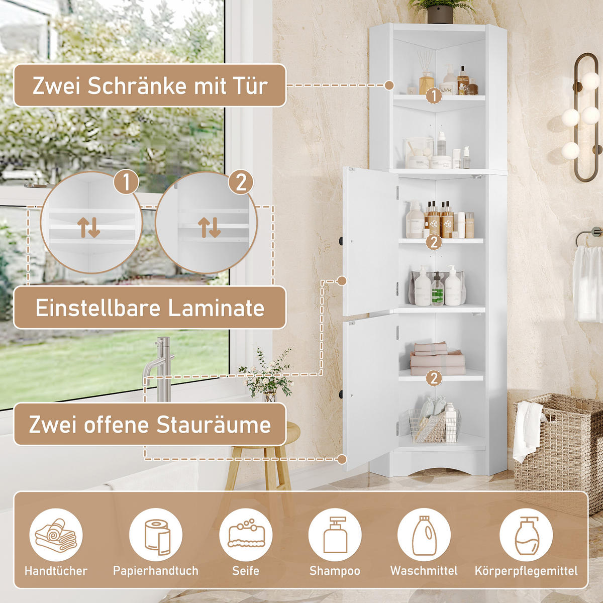 BADEZIMMERSCHRANK 51.7x32x155.4cm in Weiß, feuchtigkeitsbeständig mit 2 Türen - Weiß, Holzwerkstoff (32/155.4/51.7cm) - Modfu