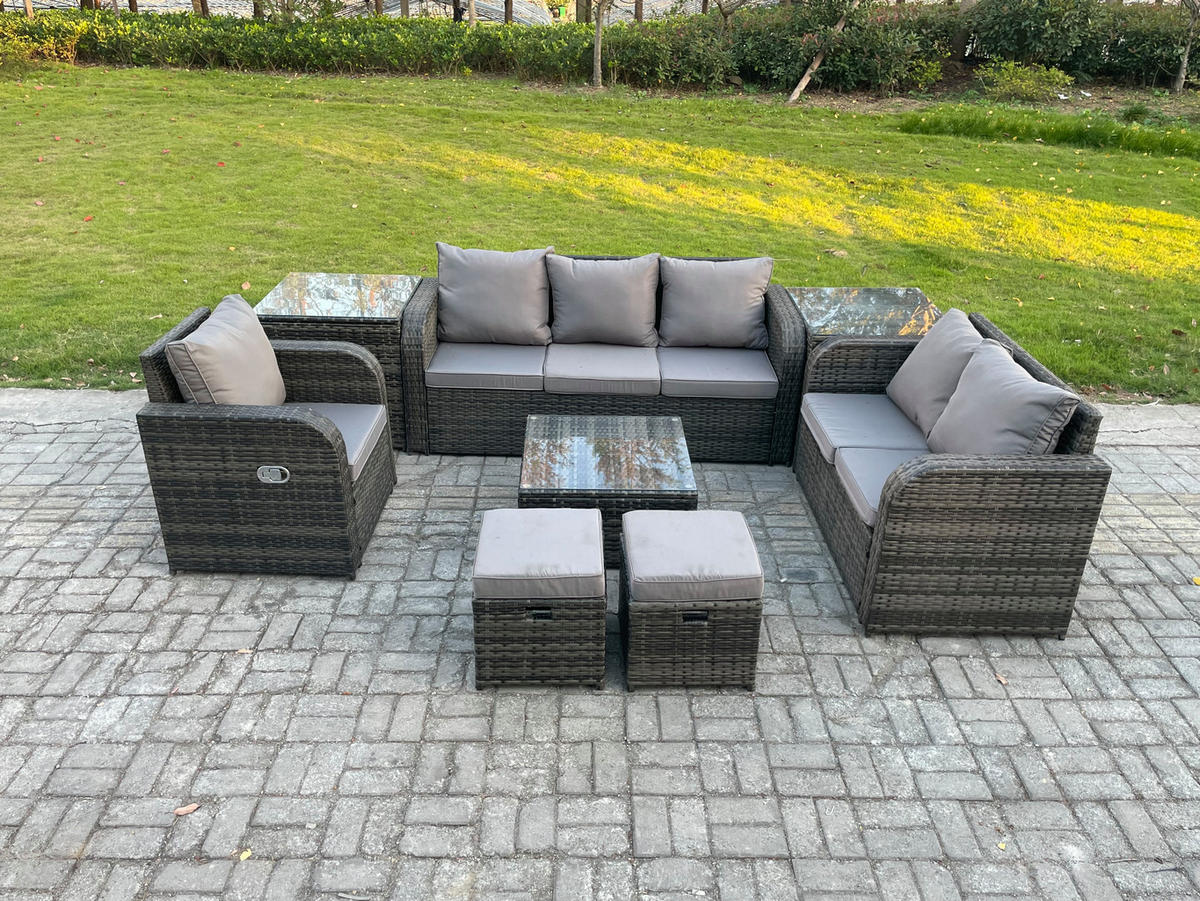 GARTENTISCHGRUPPE Polyrattan Dunkelgrau 8-teilige - Dunkelgrau/Grau, Glas/Kunststoff - Fimous