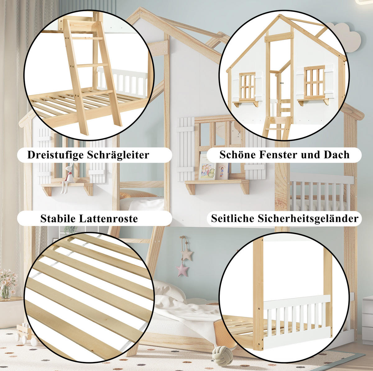 ETAGENBETT aus Kiefernholz und MDF 90x200 cm Weiß/Natur mit Dach, Fenstern und Sicherheitsgeländern - Weiß, Holzwerkstoff (90/200cm) - IVMEU
