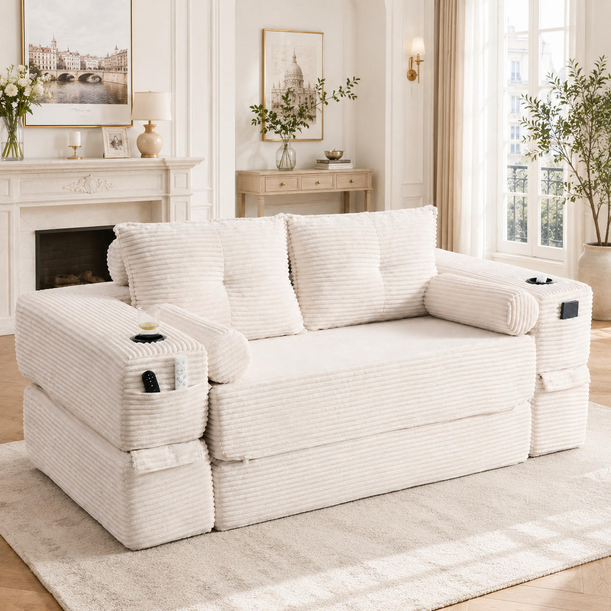SCHLAFSOFA mit Cordbezug, Memory-Kissen, Getränkehalter und Zierkissen - Beige, Textil (180/80/98cm) - EVRYAE